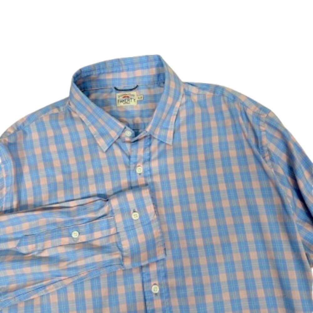 Faherty Men's The Movement Bay Reef Check Performance Shirt Sz XL Blue/Pink